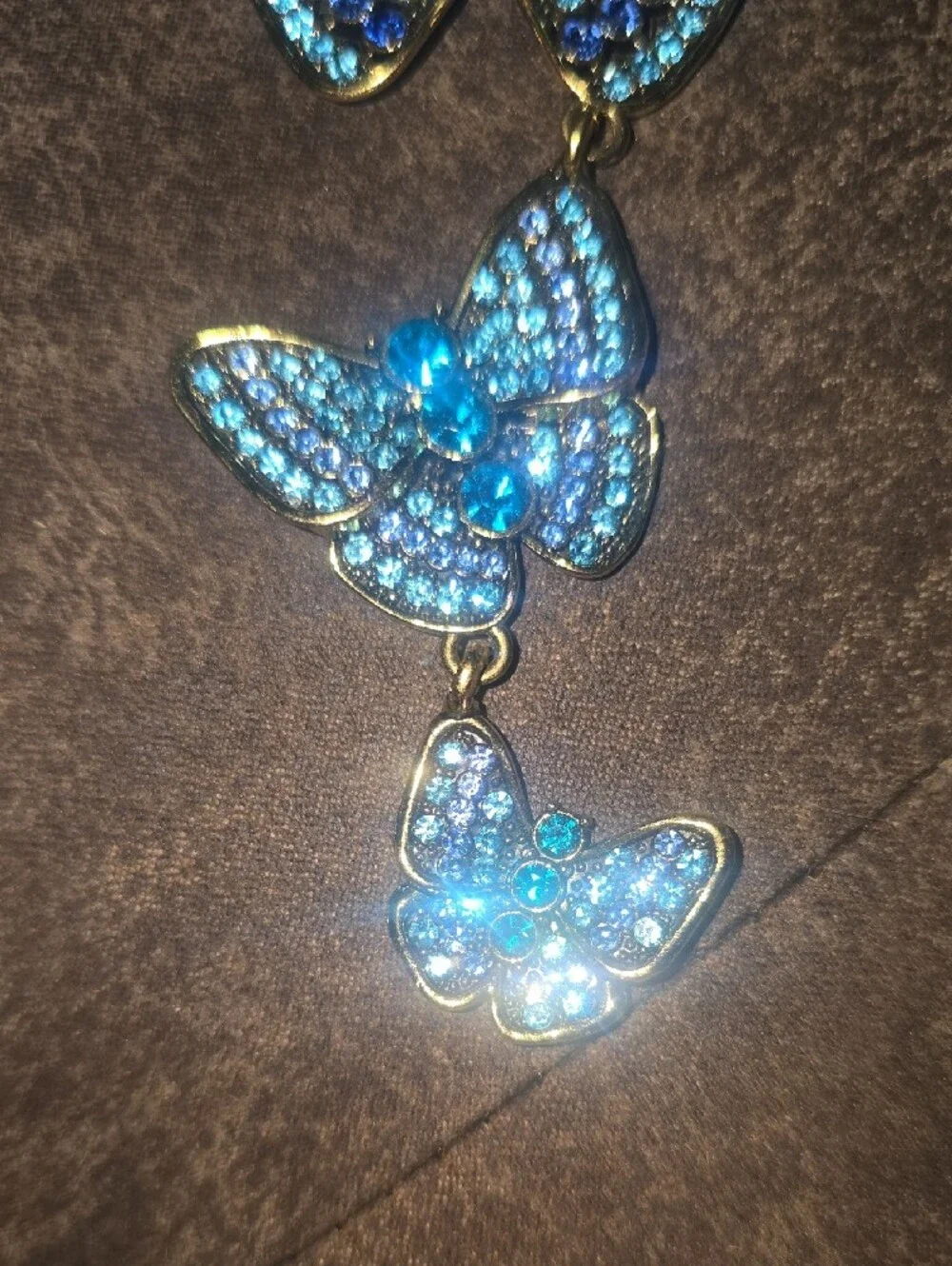 Vintage Style Triple Butterfly Drop Brooch Pin Blue Rhinestone Crystal Gold Tone